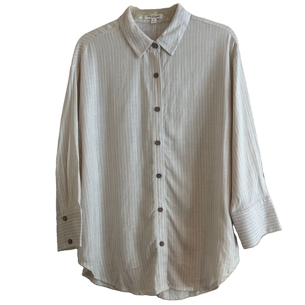 Blu Pepper Blouse Womens S Beige White Stripe Button Long Sleeve Business Casual